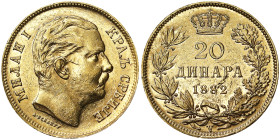 Serbia, Kingdom, Milan Obrenovich IV (1868-1889), 20 Dinara, 1882, Au. 6,45 g, R, Fr. 4, XF/A.UNC