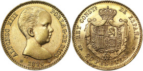 Kingdom Spain, Kingdom, Alfonso XIII (1886-1931), 20 Pesetas, 1890, Madrid, Au. 6,45 g, Calicò 5, A.UNC