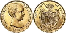 Spain, Kingdom, Francisco Franco (1939-1975), 20 Pesetas, 1887 *1961, Madrid, Restrike. Mintage: 800 pcs.: Au. 6,45 g, RR, Calicò 3, UNC