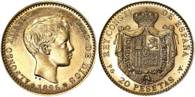Spain, Kingdom, Francisco Franco (1939-1975), 20 Pesetas, 1896 *1961, Madrid, Restrike. Mintage: 900 pcs.: Au. 6,45 g, RR, Calicò 7, UNC