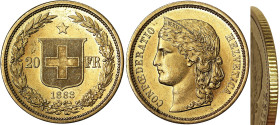 Switzerland, Swiss Confederation (1848-date), 20 Francs, 1883, Reeded edge. Au. 6,45 g, Fr. 495, XF/A.UNC