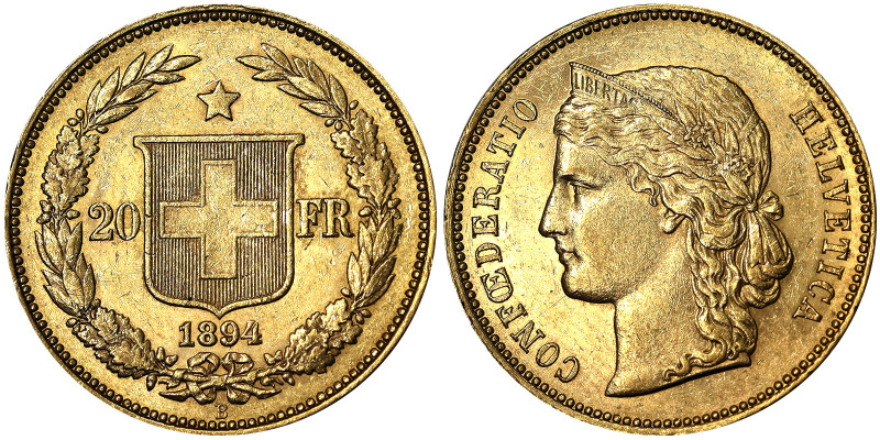 Switzerland, Swiss Confederation (1848-date), 20 Francs, 1894, Au. 6,45 g, Fr. 4...