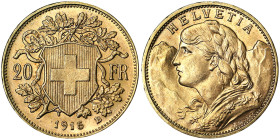 Switzerland, Swiss Confederation (1848-date), 20 Francs, 1915, Au. 6,45 g, Fr. 499, XF/A.UNC