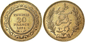 Tunisia, French Protectorate, Ali Bey (1301-1321 AH) (1882-1902 AD), 20 Francs, 1902, Au. 6,45 g, Fr. 12, A.XF