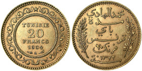 Tunisia, French Protectorate, Muhammad IV Al-Hadi (1321-1325 AH) (1902-1906 AD), 20 Francs, 1904, Au. 6,45 g, Fr. 12, A.XF