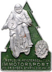 Ausgaben der DDR. 
GST. 
Abz. der I. Republik-Meisterschaften im Motorsport, 23.-26.9.1954, Start u. Ziel Halle, Alum., lack., 41 x 30 mm, SiN. B.VI...