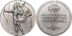 Deutsche Medaillen. 
Deutsches Reich. 
Eisengussmed. 1915, v. Josef Breitkopf-Cosel, Militärische Vorbereitung der Jugend, sitzende Athena mit Helm,...