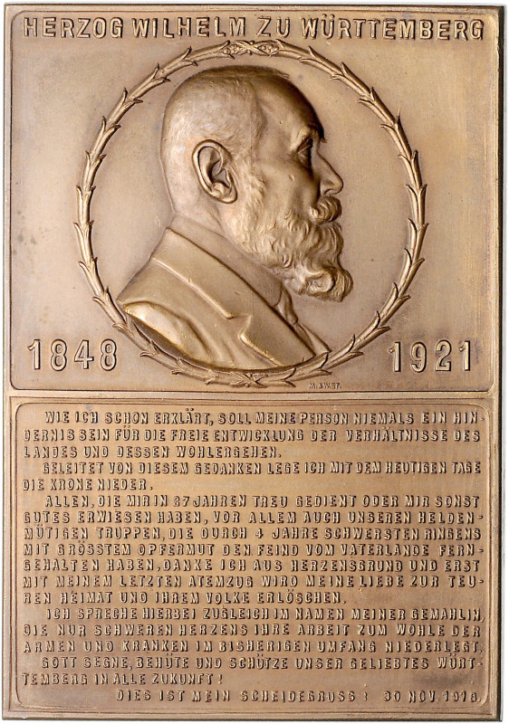 Deutsche Medaillen. 
Württemberg. 
Wilhelm II. 1891-1918. Einseitige Bronzepla...