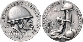 Medaillen von Karl Goetz. 
Silbermed. 1920, Die Wacht am Rhein/Schwarze Schande, Randpunze: 900, 36,2 mm, 20,43 g. Kienast&nbsp;262. selten.. 

mat...