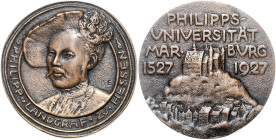 Akademie-, Universitäts- u. Schulmedaillen, Studentica. 
Marburg. Philipps-Universität. Bronzegussmed. 1927, v. Benno Elkan, auf das 400-jähr. Gründu...