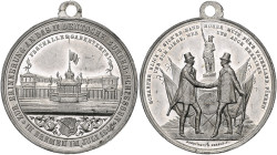 Schützenmedaillen. 
Deutsche Bundesschießen. Bremen, 1865 (II.) Offiz. Med. von Drentwett u. Sebald, Zinn mit Orig.-Öse, Festhalle u. Gabentempel übe...