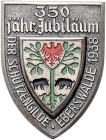 Schützenmedaillen. 
Eberswalde. Erinnerungsabzeichen 1938 zum 350-jähr. Jubiläum der Schützengilde Eberswalde, unsign., Buntmet. massiv, altsilbern p...