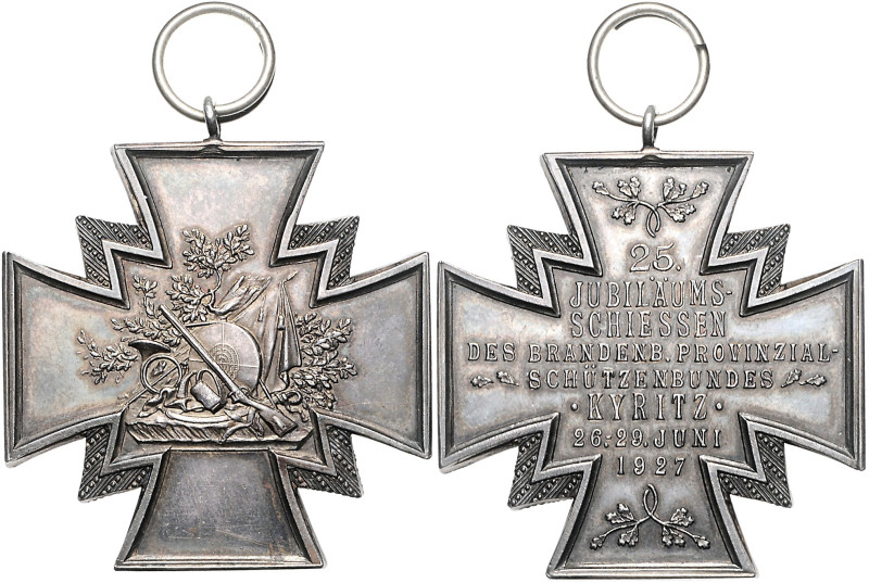 Schützenmedaillen. 
Kyritz. Silb. Schützenkreuz mit Orig.-Henkel u. Ring 1927, ...