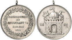Schützenmedaillen. 
Neustadt/Dosse. Weißmetallmed. mit Orig.-Henkel 1851, sign. "H. B. FEC.", Fahnenweihe der Schützengilde am 18. Mai, Schrift in ge...