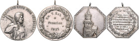 Schützenmedaillen. 
Prenzlau. Versilb. Bro.-Med. mit Orig.Henkel 1921, unsign., des Uckermärk.-Vorpomm. Schützenbundes, Hüftbild Wilh. Tells mit gesc...