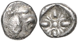 Münzen der griechischen Welt. 
Ionia/Miletos. 
Obol, 1,09 g, ca. 600-550 vdZ, Löwenkopf re./Blütenornament in Incusum. . 

ss