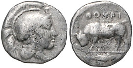 Münzen der griechischen Welt. 
Lukania/Thourioi. 
Diobol, 1,12 g, ca. 350-300 vdZ, Athenakopf re. mit attischem Helm/Stier n. li., im Abschnitt Thun...