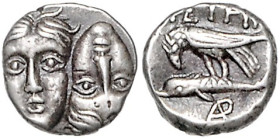 Münzen der griechischen Welt. 
Moesia inferior/Istros. 
Diobol, 1,32 g, ca. 400-350 vdZ, zwei jugendliche, männl. Köpfe nebeneinander, der rechte ge...