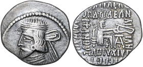 Münzen der griechischen Welt. 
Parthia/Arsakiden. 
Gotarzes I., 95-90 vdZ. Drachme, 3,13 g, diad. Bü. des Königs li./König mit Bogen u. Speer n. re....