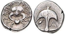 Münzen der griechischen Welt. 
Thrakia/Apollonia Pontika. 
Drachme, 3,41 g, ca. 450-400 vdZ, Gorgoneion/Anker zwischen Krebs und A, SNG BM Black Sea...