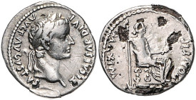 Römische Münzen. 
Kaiserzeit. 
Tiberius 14-37. Denar, 2,79 g, subaerat, belorb. Bü. re./weibl. Gestalt mit Zepter u. Zweig, n. re. thronend, zu Kamp...