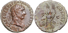 Römische Münzen. 
Kaiserzeit. 
Trajan 98-117. As, Rom i. J. 101/102, 8,51 g, belorb. Bü. re./Victoria mit Schild n. li. gehend, S-C. Kamp.&nbsp;27.1...