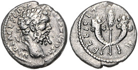 Römische Münzen. 
Kaiserzeit. 
Septimius Severus 193-211. Denar, 1,63 g, Emesa i. J. 194/5, belorb. Bü. re./FELICIT TEMPO, Kornähre zwischen zwei ge...