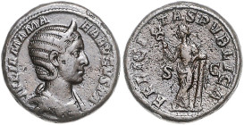 Römische Münzen. 
Kaiserzeit. 
Julia Mamaea (Mutter des Alexander Severus), -235. As, Rom, 13,12 g, diad. u. drap. Bü. re./Felicitas frontal stehend...