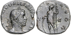 Römische Münzen. 
Kaiserzeit. 
Gallienus 253-268. AE-Sesterz, Rom, 14,64 g, belorb. u. drap. Bü. re./VIRTVS AVGG S-C, Mars n. li. stehend. Kamp.&nbs...