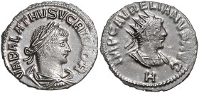 Römische Münzen. 
Kaiserzeit. 
Vabalathus u. Aurelian 270-272. Antoninian, Antiochia, 3,03 g, gepanz. Bü. des Aurelian re. mit Strahlenkrone, darunt...