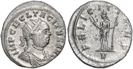 Römische Münzen. 
Kaiserzeit. 
Tacitus 275-276. Antoninian, Ticinum, 3,44 g, drap. u. gepanz. Bü. re. mit Strahlenkrone/FELICIT TEMP, Felicitas n. l...