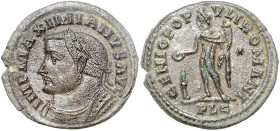 Römische Münzen. 
Kaiserzeit. 
Maximianus, 285-305, 307-308, 310. Follis, Lugdunum/Lyon, 9,84 g, belorb. u. gepanz. Bü. li./Genius n. li. opfernd, d...