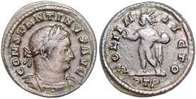 Römische Münzen. 
Kaiserzeit. 
Constantinus I. 306-337. Halbfollis, Treveri/Trier i. J. 310/311, 1,87 g, belorb., drap. u. gepanz. Bü. re./Sol n. li...