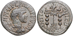 Römische Münzen. 
Kolonien und Provinzen. 
Pisidia/Antiochia, Philipp I., 244-249. Dupondius, 8,69 g, drap. u. gepanz. Bü. re. mit Strahlenkrone/Vex...