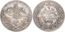 Ägypten. 
Mohammed V. 1909-1914. 20 Qirsh, Jahr 6 (1914), Mzst. Heaton, Silber. Schön&nbsp;23, KM&nbsp;310. . 

ss-vz