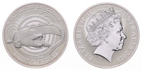 Australien. 
Elisabeth II. 1952-2022. 1 Dollar 2013, Silber (1 oz fein), Salzwasser-Krokodil Bindi. in Kapsel. 

Stgl (BU)