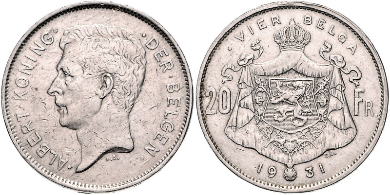 Belgien, Königreich. 
Albert I. 1909-1934. 20 Frank = 4 Belga 1931, Nickel, 100...