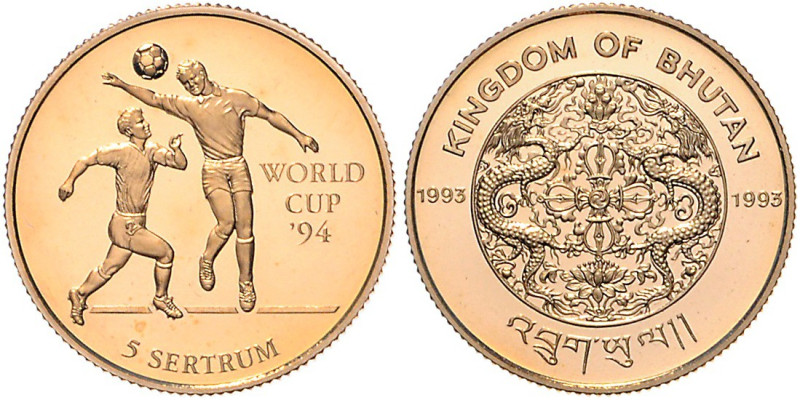 Bhutan. 
5 Sertrum 1993, GOLD (7,78 g 583.3 f.), Fußball-WM 1994 in den USA. Sc...