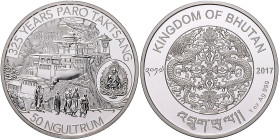 Bhutan. 
50 Ngultrum 2017, Silber (1 oz fein), 325 Jahre Kloster Paro Taktsang. in Kapsel. 

PP