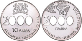 Bulgarien. 
Republik seit 1991. 10 Lewa 2000, \fbidis\ltrpar Silber, Christliche Jahrtausendwende. KM&nbsp;244. Auflage nur 6.000 Ex., in Orig.-Kapse...