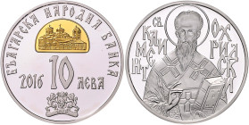 Bulgarien. 
Republik seit 1991. 10 Lewa 2016, \fbidis\ltrpar Silber, teilvergoldet, St. Kliment Ohridski. KM&nbsp;341. Auflage nur 3.000 Ex., in Orig...
