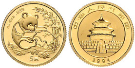 China-Volksrepublik. 
5 Yuan 1994, GOLD (1/20 Oz 999 fein), Panda, schmale Jz. (small date). Schön&nbsp;625.2, KM&nbsp;611. in Kapsel, mehrwertsteuer...