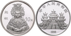 China-Volksrepublik. 
10 Yuan 1998, Silber (31,13 g 999 fein), Göttin Mazu, Tempel der Mazu/Bildnis. Schön&nbsp;1089, KM&nbsp;776. in Orig.-Kapsel. ...