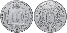 Danzig, Freie Stadt. 
10 Pfennig 1920, Zink, kleine Wertzahl in Einfassung. Jaeger&nbsp;D&nbsp;1a. . 

vz/ss