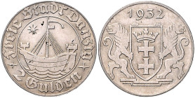 Danzig, Freie Stadt. 
2 Gulden 1932, Silber. Jaeger&nbsp;D&nbsp;16. . 

Vs. winzige Sf, ss-vz