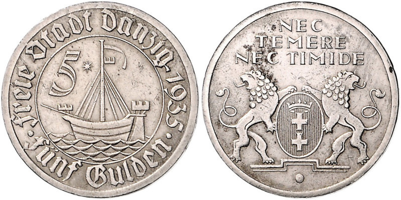 Danzig, Freie Stadt. 
5 Gulden 1935, Nickel, Kogge. Jaeger&nbsp;D&nbsp;19. . 
...