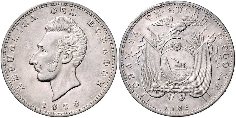 Ecuador. 
1 Sucre 1890 LIMA TF, Silber. Schön&nbsp;48, KM&nbsp;53.3. . 

winz...