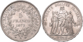 Frankreich. 
Dritte Republik 1870-1940. 5 Francs 1873 A, Silber. KM&nbsp;820.1, Gad.&nbsp;745a. . 

winz. Rf., ss-vz