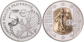 Frankreich. 
Fünfte Republik seit 1958. 5 Euro 2002, Silber (22,2 g 900 f.), mit GOLD -Inlay (2,7 g 750 f.), Säerin. Schön&nbsp;684, KM&nbsp;1347. Au...