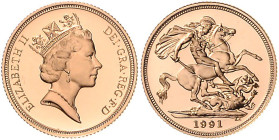 Großbritannien. 
Elisabeth II. 1952-2022. Sovereign 1991, GOLD. KM&nbsp;943, Fb.&nbsp;424. Jahrgang R (Auflage 4.713 Ex.), mehrwertsteuerbefreit, in ...
